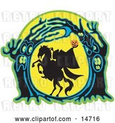 Vector Clip Art of Retro the Headless Horseman Holding His Pumpkin Head up High As His Horse Rears up in a Haunted Forest of Evil Trees by Andy Nortnik