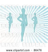 Vector Clip Art of Retro Three Blue Silhouetted Female Models over Grungy Blue Rays by