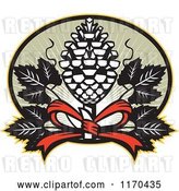 Vector Clip Art of Retro Thyrsus Pine Cone Staff with Grape Leaves over Green Rays by Patrimonio