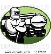 Vector Clip Art of Retro Tig Welder Holding a Torch by a Tanker Truck in an Oval by Patrimonio