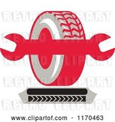 Vector Clip Art of Retro Tire and Spanner Wrench with Tread Marks by Patrimonio