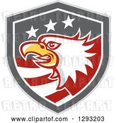 Vector Clip Art of Retro Tough Bald Eagle Head in a Gray Red and White American Flag Shield by Patrimonio