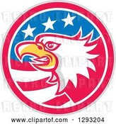 Vector Clip Art of Retro Tough Bald Eagle Head in a Gray Red White and Blue American Flag Circle by Patrimonio