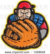 Vector Clip Art of Retro Tough Chimpanzee Monkey Baseball Player Catcher Holding out a Glove by Patrimonio