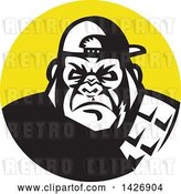 Vector Clip Art of Retro Tough Gorilla Wearing a Baseball Cap in a Yellow Circle by Patrimonio