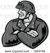 Vector Clip Art of Retro Tough Male Biker with Folded Arms and Riding Gear by Patrimonio