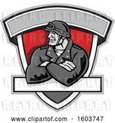 Vector Clip Art of Retro Tough Male Biker with Folded Arms and Riding Gear in a Shield by Patrimonio