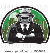 Vector Clip Art of Retro Tough Mobster with a Car Grill Head and Folded Arms Against a City by Patrimonio