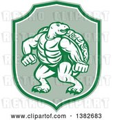 Vector Clip Art of Retro Tough Turtle in a Fighting Stance Inside a Green and White Shield by Patrimonio