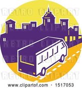 Vector Clip Art of Retro Tour Bus in a Town Skyline Circle by Patrimonio