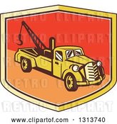 Vector Clip Art of Retro Tow Truck in a Yellow Red and Orange Shield by Patrimonio