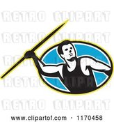 Vector Clip Art of Retro Track and Field Javelin Thrower over a Blue Oval by Patrimonio