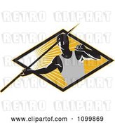 Vector Clip Art of Retro Track and Field Javelin Trower Holding a Spear over a Ray Diamond by Patrimonio