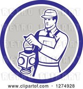 Vector Clip Art of Retro Train Signaler Worker Guy Holding a Lamp in a Blue White and Taupe Circle by Patrimonio