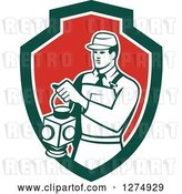 Vector Clip Art of Retro Train Signaler Worker Guy Holding a Lamp in a Green White and Red Shield by Patrimonio