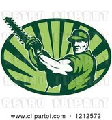 Vector Clip Art of Retro Tree Horticulturist with a Hedge Trimmer over an Oval of Green Rays by Patrimonio
