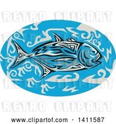 Vector Clip Art of Retro Tribal Art Style Giant Trevally Kingfish in an Oval of Blue Water by Patrimonio