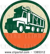 Vector Clip Art of Retro Triple Axle Dump Truck in a Green Tan and Orange Circle by Patrimonio