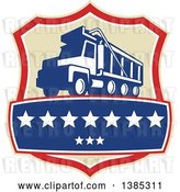 Vector Clip Art of Retro Triple Axle Dump Truck in a Tan Red White and Blue Shield with Stars by Patrimonio