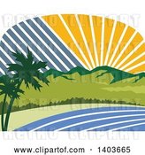 Vector Clip Art of Retro Tropical Landscape with Palm Trees, Mountains and the Coast at Sunset or Sunrise by Patrimonio
