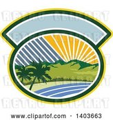 Vector Clip Art of Retro Tropical Landscape with Palm Trees, Mountains and the Coast at Sunset or Sunrise in an Oval by Patrimonio