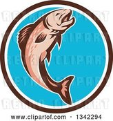 Vector Clip Art of Retro Trout Fish Jumping in a Brown White and Blue Circle by Patrimonio