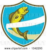 Vector Clip Art of Retro Trout Fish Jumping over a Ribbon in a Green White and Blue Shield by Patrimonio