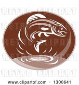 Vector Clip Art of Retro Trout Fish Jumping over Water in a Brown Oval by Patrimonio