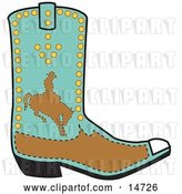 Vector Clip Art of Retro Turquoise and Brown Boot of a Cowboy in Silhouette, Riding a Bucking Bronco by Andy Nortnik