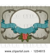Vector Clip Art of Retro Turquoise Ribbon Banner with a Pink Rose and a Frame by BNP Design Studio