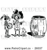 Vector Clip Art of Retro Two Girls and Dog by a Barrel by Prawny Vintage