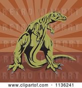 Vector Clip Art of Retro Tyrannosaurus Rex over Brown Rays by Patrimonio