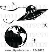 Vector Clip Art of Retro Ufo Flying Saucer over Earth with Stars by Xunantunich