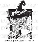 Vector Clip Art of Retro Ugly Warty Witch Grinning While Stirring a Skull and Potion in a Spell Cauldron by Lawrence Christmas Illustration