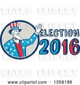 Vector Clip Art of Retro Uncle Sam in an American Patiotic Suit, Waving from a Circle by Election 2016 Text by Patrimonio
