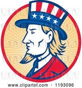 Vector Clip Art of Retro Uncle Sam with a Patriotic Top Hat in a Circle of Rays by Patrimonio