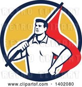 Vector Clip Art of Retro Union Worker Guy Holding a Flag over His Shoulder in a Blue White and Yellow Circle by Patrimonio