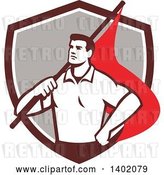 Vector Clip Art of Retro Union Worker Guy Holding a Flag over His Shoulder in a Brown White and Gray Shield by Patrimonio