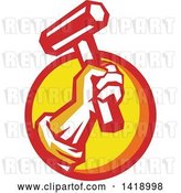 Vector Clip Art of Retro Union Worker Hand Holding up a Hammer or Mallet in a Red Orange and Yellow Circle by Patrimonio