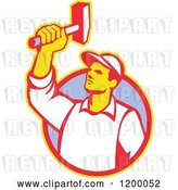 Vector Clip Art of Retro Union Worker Holding up a Hammer over a Circle by Patrimonio