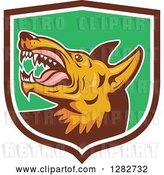Vector Clip Art of Retro Vicious Wild Dog with Fangs in a Brown White and Green Shield by Patrimonio