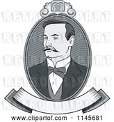Vector Clip Art of Retro Victorian Grayscale Gentleman Portrait with a Banner by Patrimonio