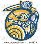 Vector Clip Art of Retro Viking Norseman with a Shield and Sword in a Yellow Circle by Patrimonio