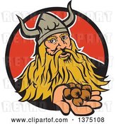Vector Clip Art of Retro Viking Warrior Holding out Hazelnuts and Emerging from a Black and Red Circle by Patrimonio