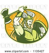 Vector Clip Art of Retro Viking Warrior with a Winged Helmet and Battle Axe in an Oval by Patrimonio
