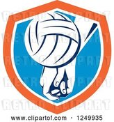 Vector Clip Art of Retro Volleyball and Hands in a Blue and Orange Shield by Patrimonio