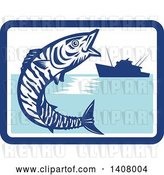 Vector Clip Art of Retro Wahoo Scombrid Fish Jumping near a Silhouetted Fishing Boat in a Blue and White Rectangle by Patrimonio