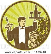 Vector Clip Art of Retro Waiter Carrying Wine and a Corkscrew in a Circle of Rays Grapes and Barrels by Patrimonio