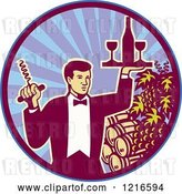 Vector Clip Art of Retro Waiter Guy Holding a Corkscrew and Wine Tray over Barrels in a Circle by Patrimonio