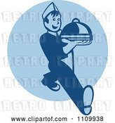 Vector Clip Art of Retro Waiter Serving a Platter over a Blue Circle by Patrimonio